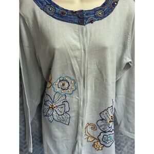 Storybook Knits Vintage Tranquil Trend Lt blue Embroidered Flowers Cottage